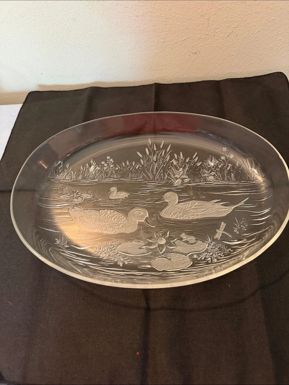 Vintage frosted Glass Duck-Scene Serving Platter embossed pond scene.
